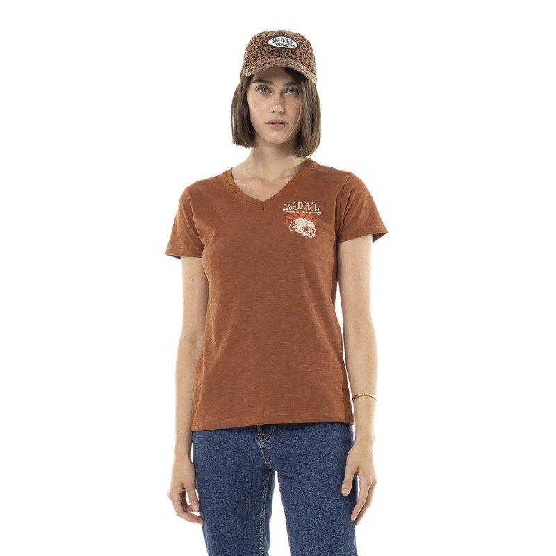 Tee-Shirt-Von-Dutch-Marron-coupe-Régular-Col-V-effet-Flammé-BURN-Femme-ref-VD-BURN-BR