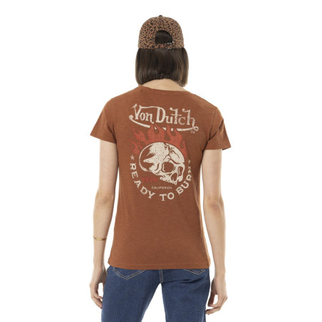 Tee-Shirt-Von-Dutch-Marron-coupe-Régular-Col-V-effet-Flammé-BURN-Femme-ref-VD-BURN-BR