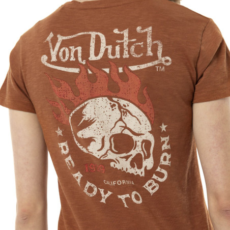 Tee-Shirt-Von-Dutch-Marron-coupe-Régular-Col-V-effet-Flammé-BURN-Femme-ref-VD-BURN-BR
