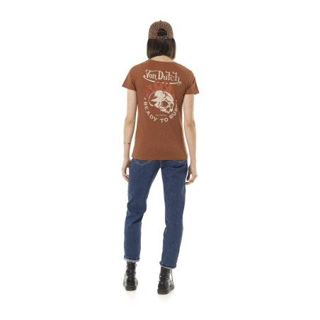 Tee-Shirt-Von-Dutch-Marron-coupe-Régular-Col-V-effet-Flammé-BURN-Femme-ref-VD-BURN-BR