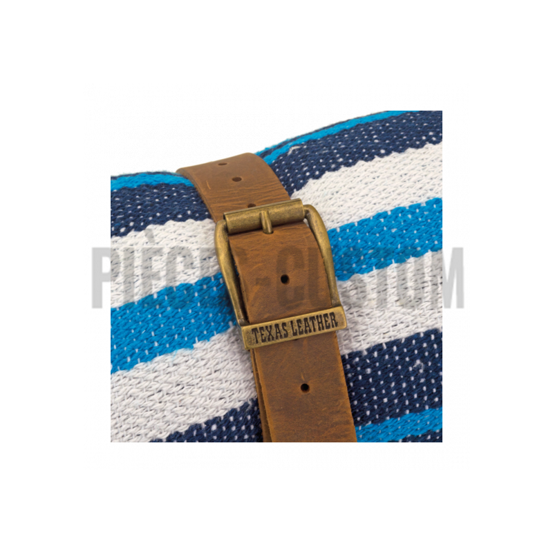 Couverture mexicaine Veracruz bleu nuit turquoise et blanc et lanières marrons
