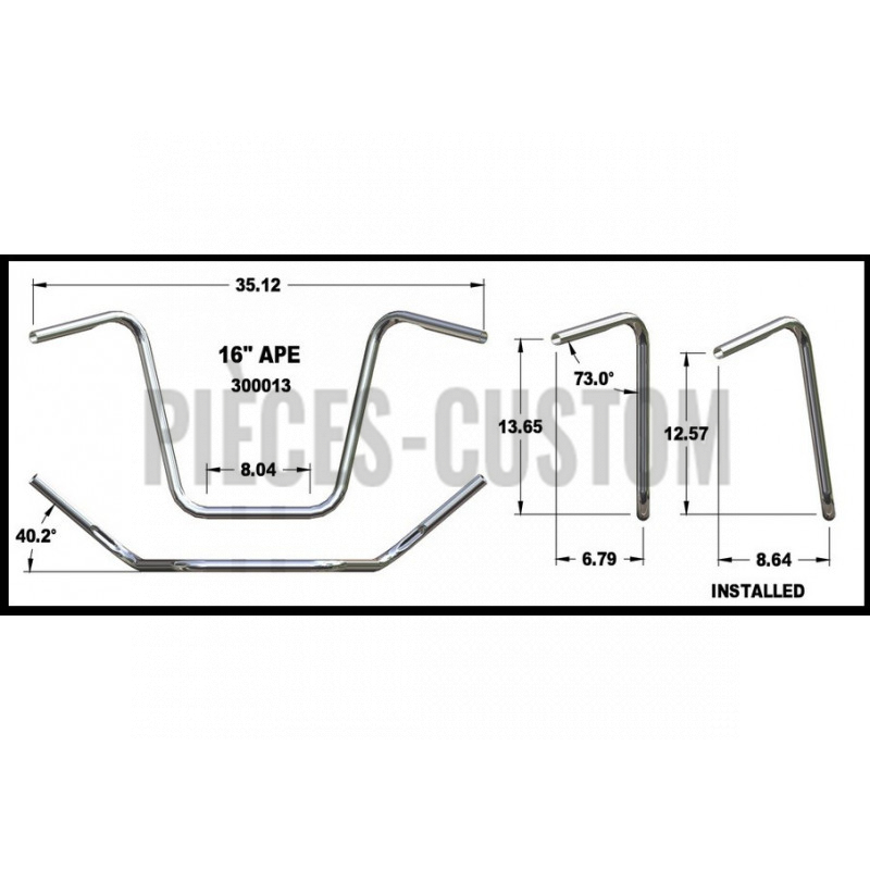 Guidon ape Hanger chromé 16" pour modèles de 1982 à 2019 avec empreintes